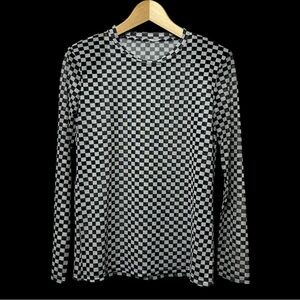 Black and White Checkered Long Sleeves Padded Shoulders Sheer Shirt